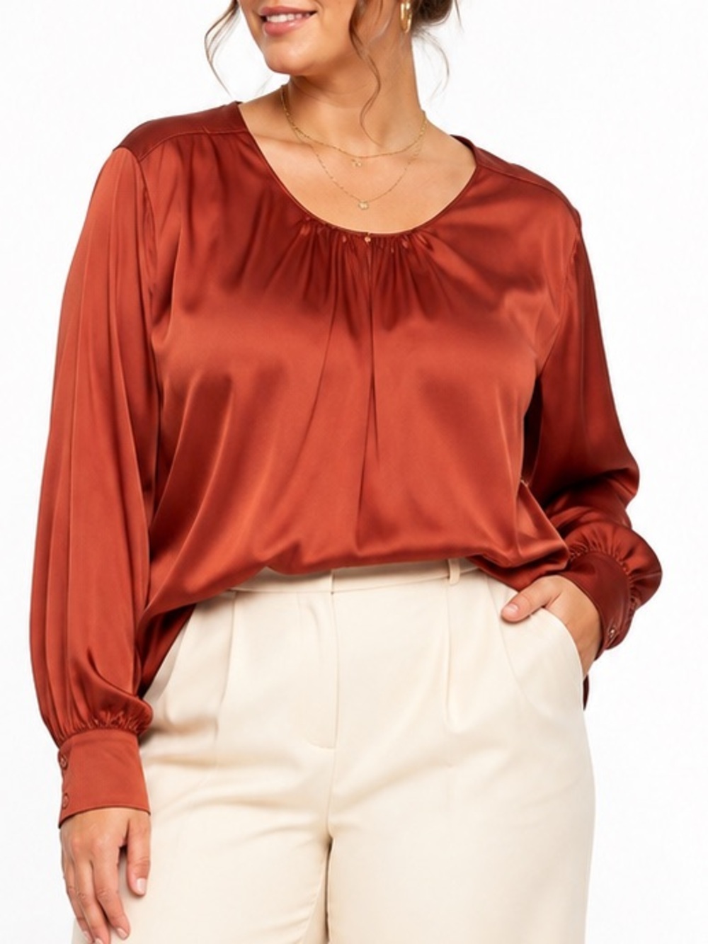 Lane Bryant Copper-Rust Long Sleeve Satin Pleated Autumn Blouse Top Size 16